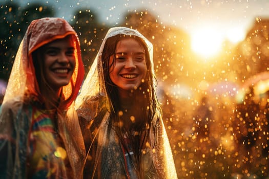 Two young woman on a outdoorf festival wearing rain cape