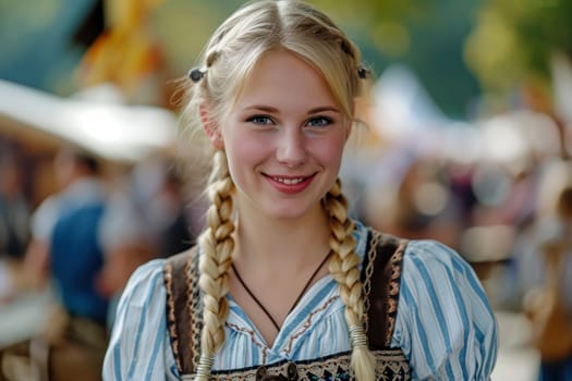 Portrait of a young blond woman with pigtails wearing a dirndl