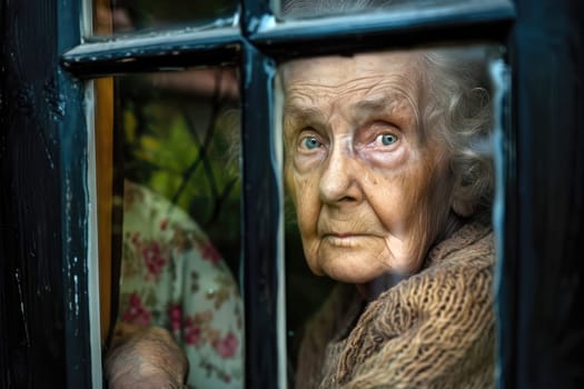 Portrait of an old sad woman looking through a window