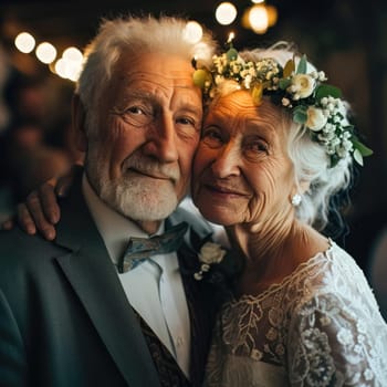 Portrait of an old happy couple celebrate their diamond wedding