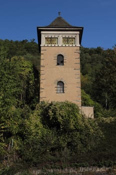An old substation with clipped power cables, blue sky in background
