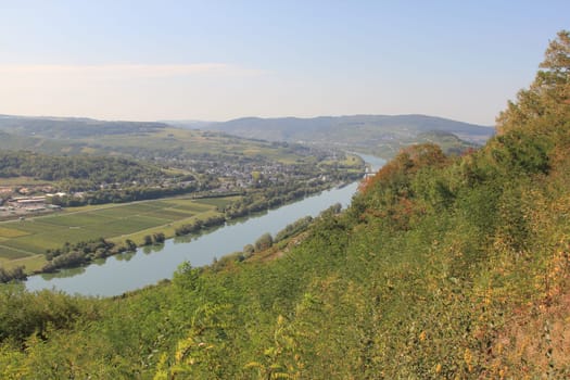 The Moselle valley near Bernkastel-Kues with the towns of Muelheim and Lieser in the background