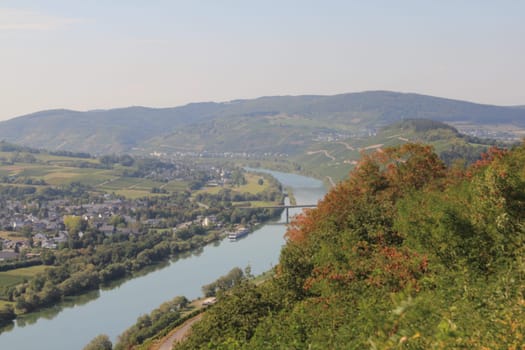 The Moselle valley near Bernkastel-Kues with the towns of Muelheim and Lieser in the background