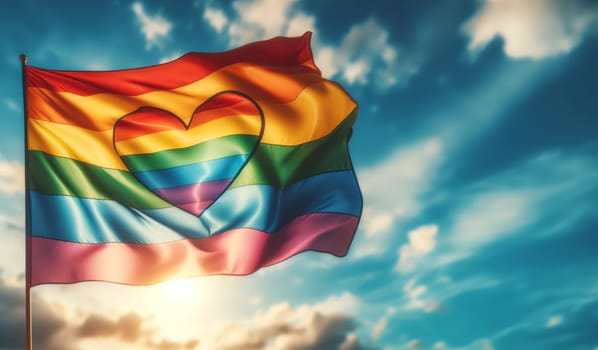 Colorful waving LGBTQ Flag with heart shape in the middle at a blurry background. artificial art