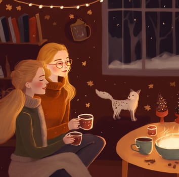 A magical evening together: two girls in warm sweaters, surrounded by happiness and love, sitting at home. Cups of hot drink in their hands, the room is bright with candles and garlands. Outside the window is a winter night forest. A white cat looks at the girls with warmth, adding to the coziness of this moment.