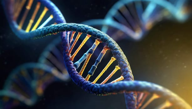 Biochemistry background concept with high tech dna molecule. 3d rendering. AI generated