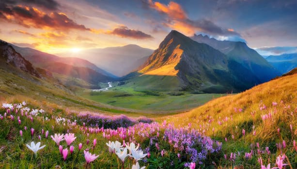 Mountain meadow with flowers at sunset. Colorful summer landscape. AI generated