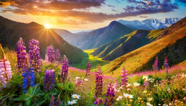 Mountain meadow with flowers at sunset. Colorful summer landscape. AI generated