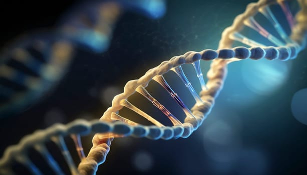 Biochemistry background concept with high tech dna molecule. 3d rendering. AI generated