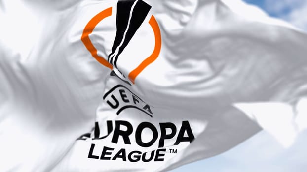 Dublin, IE, Dec 20 2023: UEFA Europa League flag waving in the wind. Europa League is an annual football club competition for european clubs. Illustrative editorial 3d illustration render