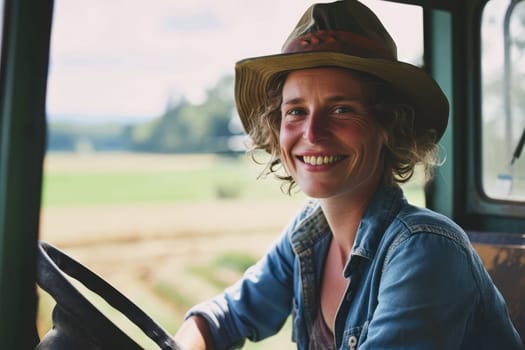 Portrait of a young farm woman sitting on a tractor