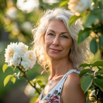 Portrait of a smiling middle-aged woman with long grey hair outside in garden