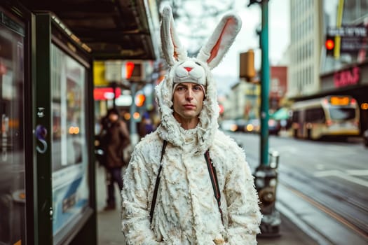 Funny image of a man wearing a easter bunny costume on a street