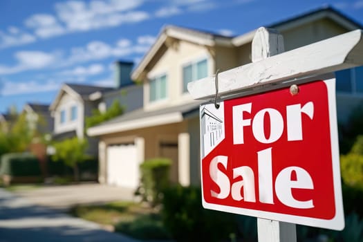 Sign with text for sale in front of a modern house