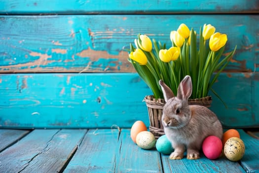 Easter bunny with flowers and colorful eggs on blue wooden background
