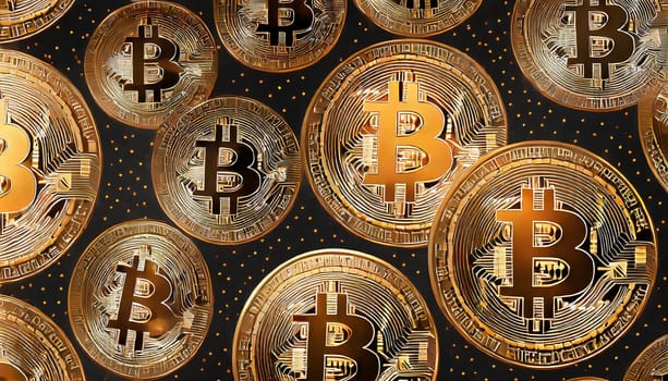 Bitcoin. Cryptocurrency. Golden coins of bitcoin on a dark background. Digital currency. AI generated