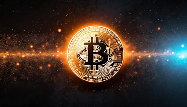 Bitcoin. Cryptocurrency. Golden coin of bitcoin on a dark background. Digital currency. AI generated