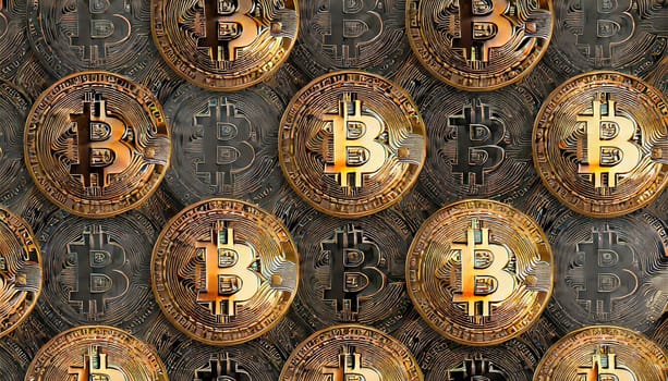 Bitcoin. Cryptocurrency. Golden coins of bitcoin on a dark background. Digital currency. AI generated