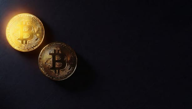 Bitcoin. Cryptocurrency. Golden coin of bitcoin on a dark background. Digital currency. AI generated