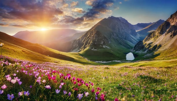 Mountain meadow with flowers at sunset. Colorful summer landscape. AI generated