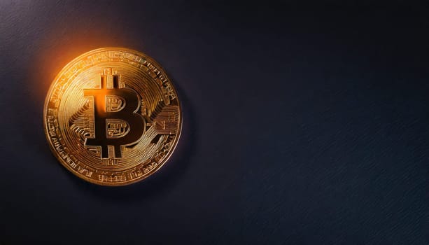 Bitcoin. Cryptocurrency. Golden coin of bitcoin on a dark background. Digital currency. AI generated