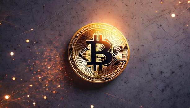 Bitcoin. Cryptocurrency. Golden coin of bitcoin on a dark background. Digital currency. AI generated