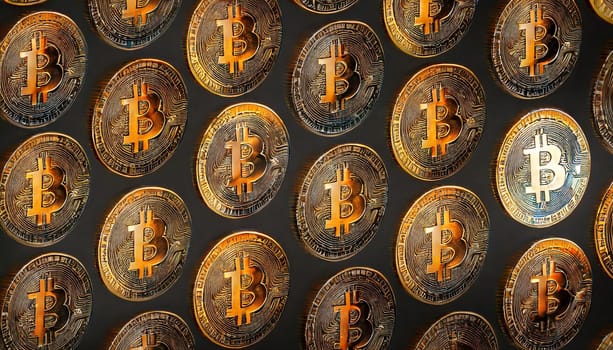Bitcoin. Cryptocurrency. Golden coins of bitcoin on a dark background. Digital currency. AI generated