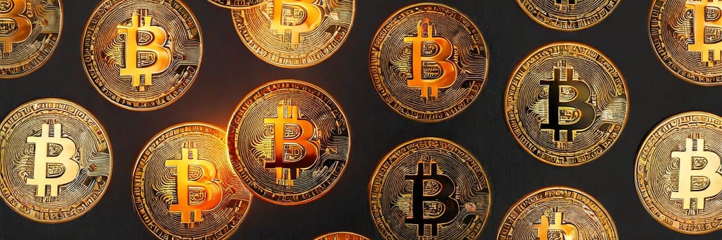 Bitcoin. Cryptocurrency. Golden coins of bitcoin on a dark background. Digital currency. AI generated
