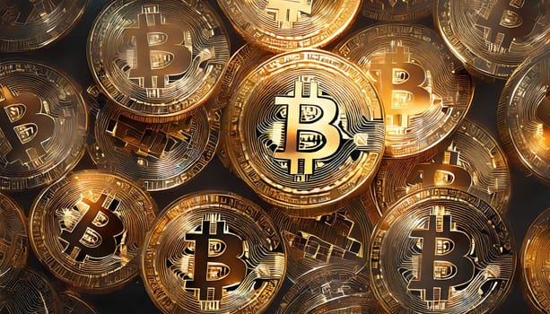 Bitcoin. Cryptocurrency. Golden coins of bitcoin on a dark background. Digital currency. AI generated