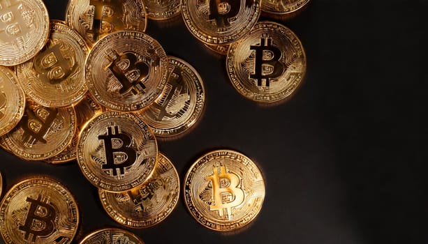 Bitcoin. Cryptocurrency. Golden coins of bitcoin on a dark background. Digital currency. AI generated