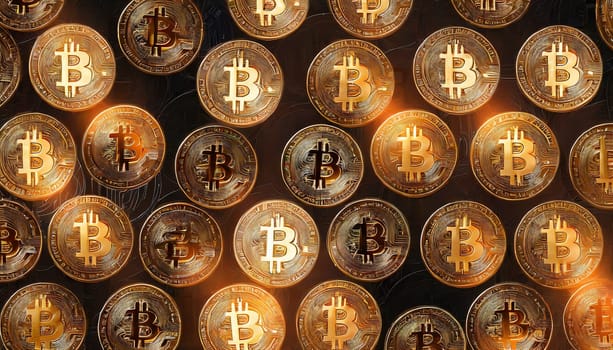 Bitcoin. Cryptocurrency. Golden coins of bitcoin on a dark background. Digital currency. AI generated
