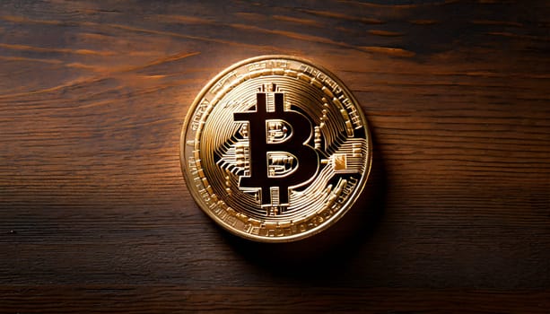 Bitcoin. Cryptocurrency. Golden coin of bitcoin on a dark background. Digital currency. AI generated