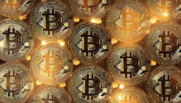 Bitcoin. Cryptocurrency. Golden coins of bitcoin on a dark background. Digital currency. AI generated