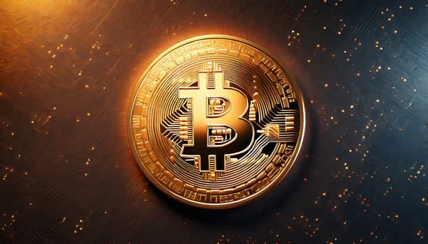 Bitcoin. Cryptocurrency. Golden coin of bitcoin on a dark background. Digital currency. AI generated