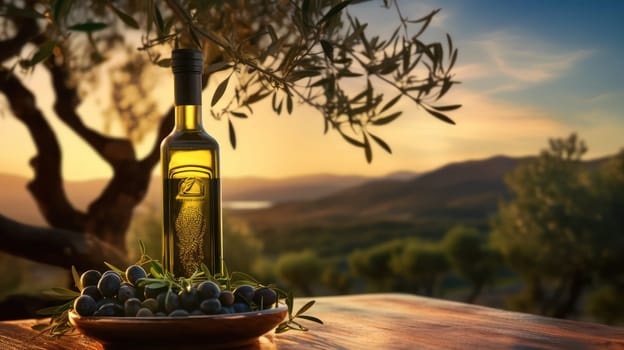 Olives and olive oil on rural landscape. Generative AI image