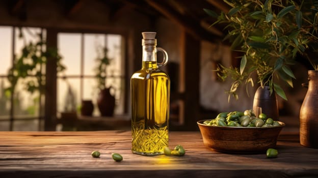 Olives and olive oil on rural rustic background. Generative AI image