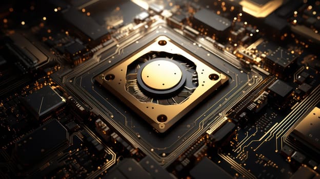Golden black circuit board chip tech background. Generative AI design