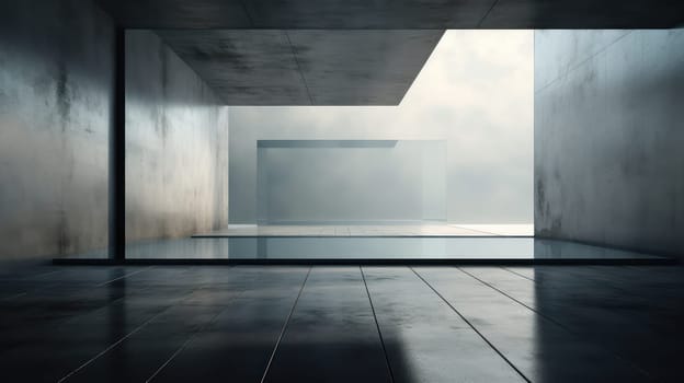 Futuristic minimalistic interior with concrete and glass. Generative AI design