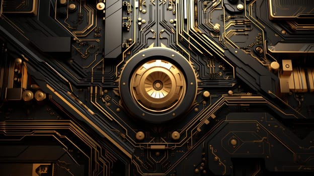 Golden black circuit board chip tech background. Generative AI design