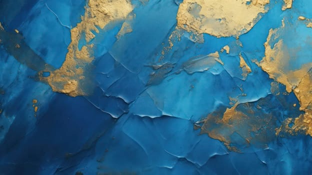 Bright blue and golden grunge decorative plaster wall abstract background. Generative AI design