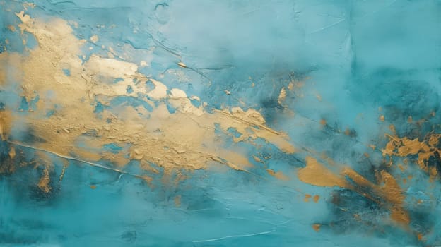 Bright blue and golden grunge decorative plaster wall abstract background. Generative AI design