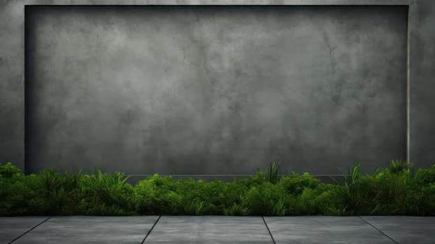 Dark grey grunge concrete wall and green grass. Generative AI design