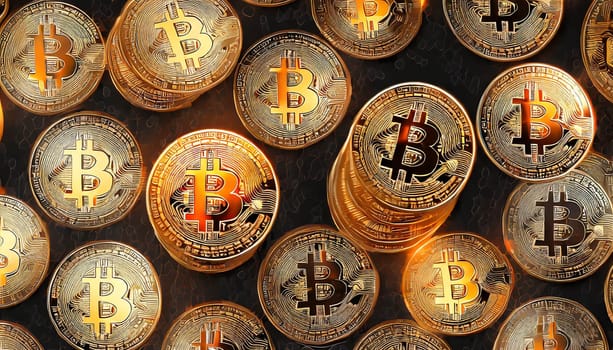 Bitcoin. Cryptocurrency. Golden coins of bitcoin on a dark background. Digital currency. AI generated