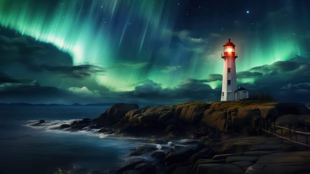 Burning lighthouse and northern Lights in the sky. Generative AI image