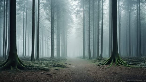 Foggy minimal forest landscape. Generative AI image