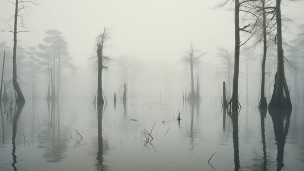 Monochrome misty swamp in the moody forest. Generative AI image