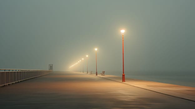 Lanterns on the sea embankment, minimal misty landscape. Generative AI image