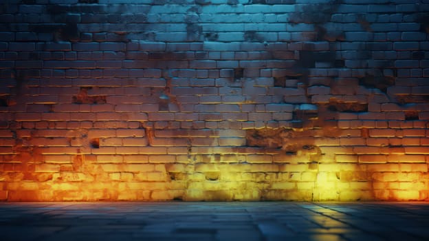 Illuminated yellow grunge brick wall texture abstract background. Generative AI design