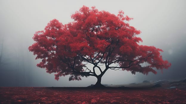 Misty landscape with red maple tree. Generative AI image