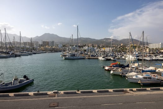 Benalmadena, Spain - September 15, 2023: Boats and yachts moored at Puerto Marina in Benalmadena, Costa del Sol Malaga, Spain. This marina has berths for 1100 boat